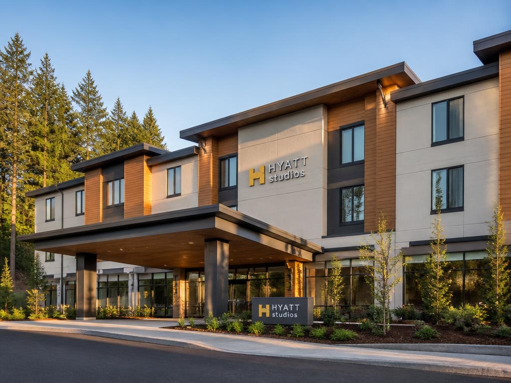 Hyatt Studios Marysville hotel exterior in golden light
