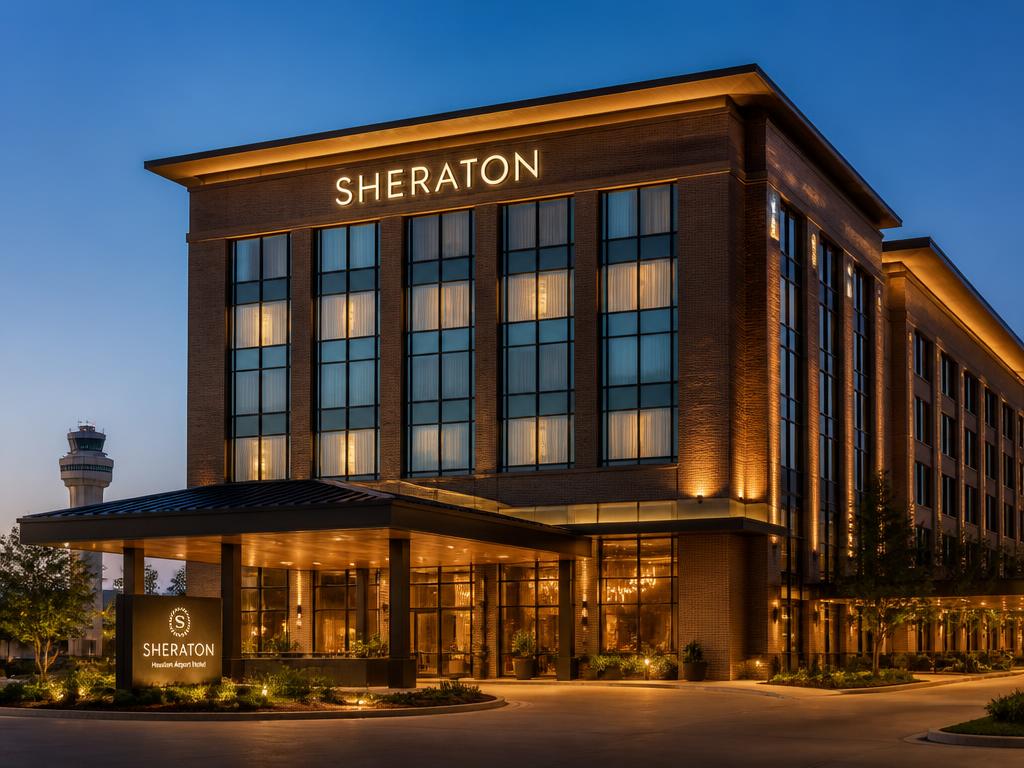 Sheraton North Houston Airport hotel exterior at dusk